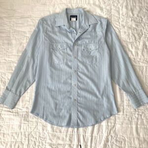 Vintage Wrangler Pearl Snap Western Shirt Light Blue Medium Country Americana